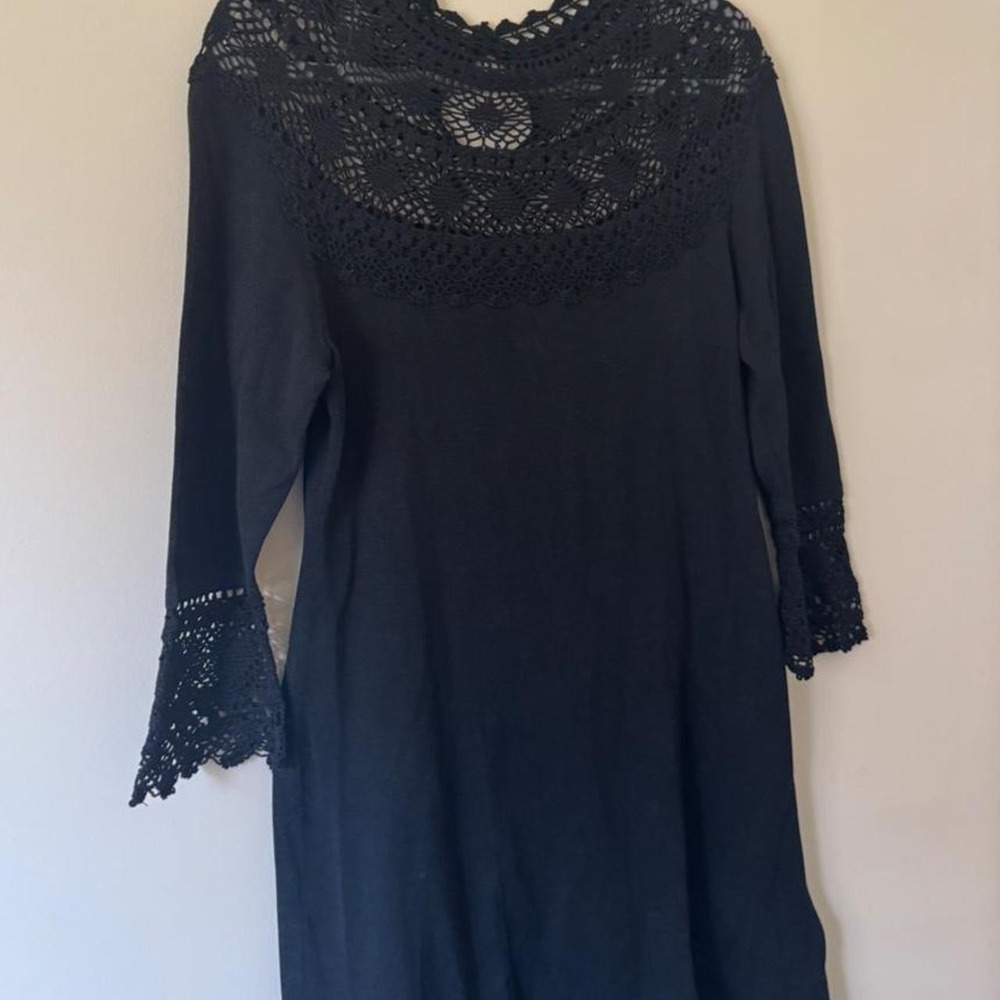 Peruvian Connection Black Crochet Dress Medium 100% pima cotton lace short mini - Picture 2 of 7